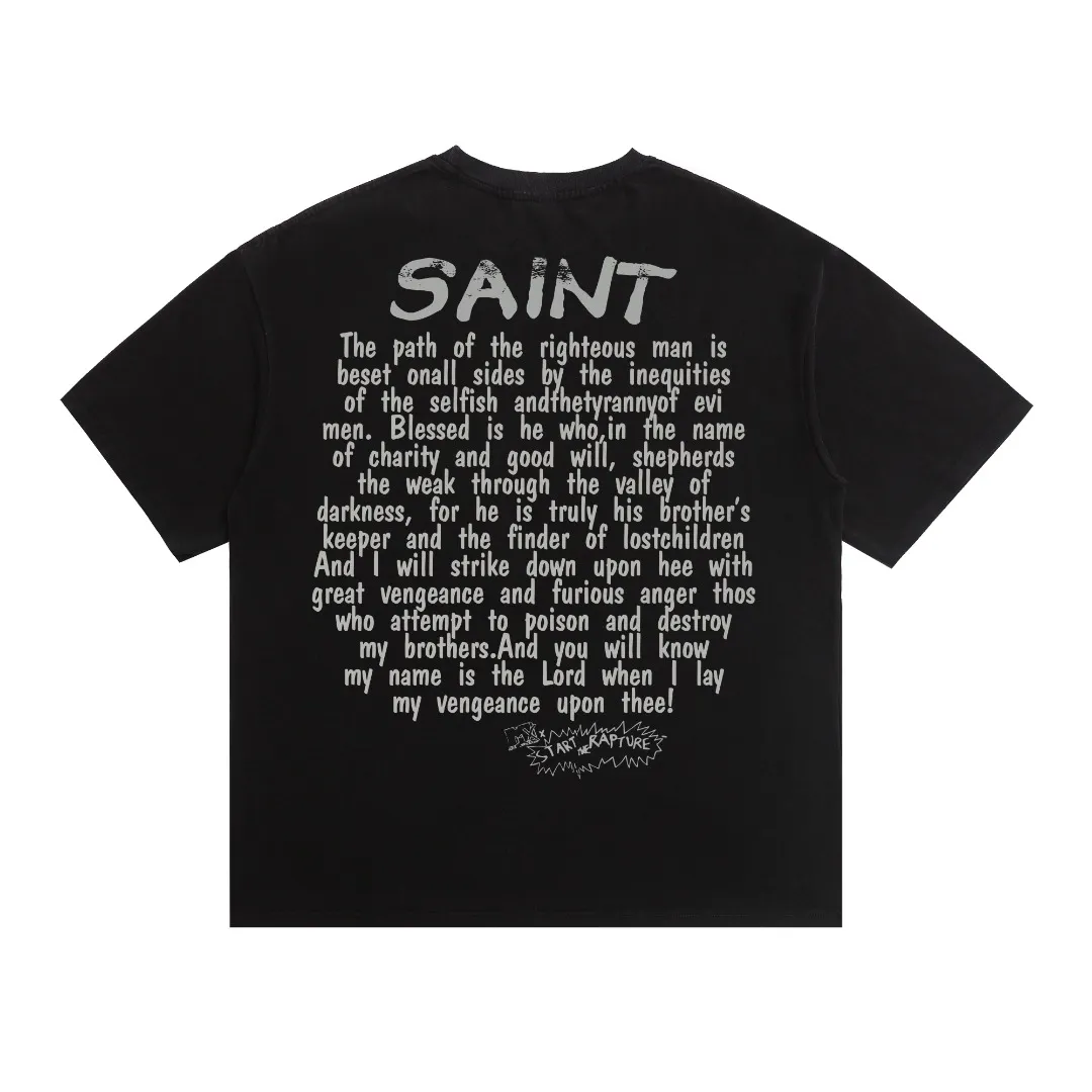 American-style Saint Michael's cheesy and big-headed printed washed, distressed and damaged loose short-sleeved T-shirt. Digital white ink direct printing. The fabric is breathable and the pattern is three-dimensional and clear. Fabric: Double yarn 240g Style number: S890 Size: S-M-L-XL Color: Washed black Price: P118